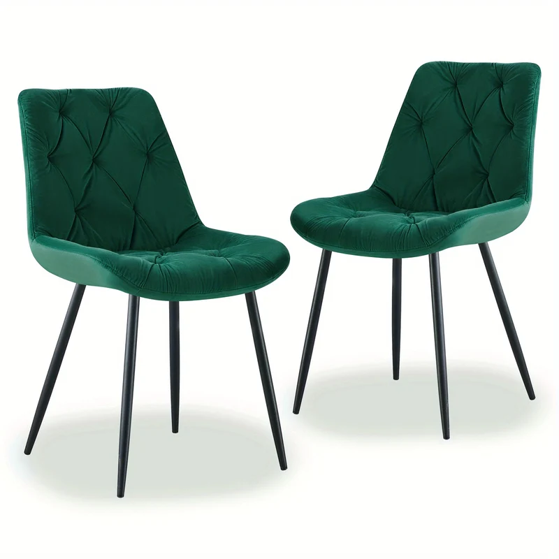 Velvet Eetkamerstoel – Stoel – Fauteuil – Designstoel – Retro Stoel – Set van 2 Groen – Dikke Ergonomische Rugleuning – Stevige Metalen Poten