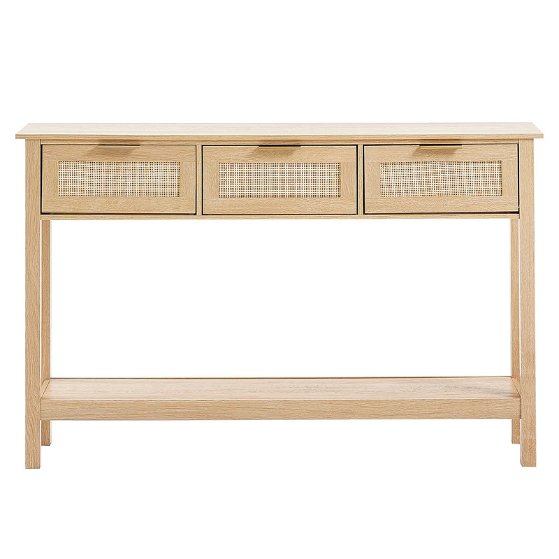 Rattan Sidetable – Wandtafel – Opbergtafel – Haltafel – Bijzettafel – Natuurlijk Rattan & Houten Blad – 3 Lades & Open Plank