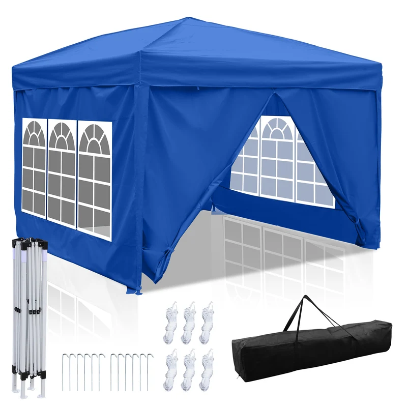 Strandtent – Partytent – Paviljoen – Vouwtent – Schaduwtent – 3x3 m – Waterafstotend Oxford Doek – Met Zijwanden – Blauw