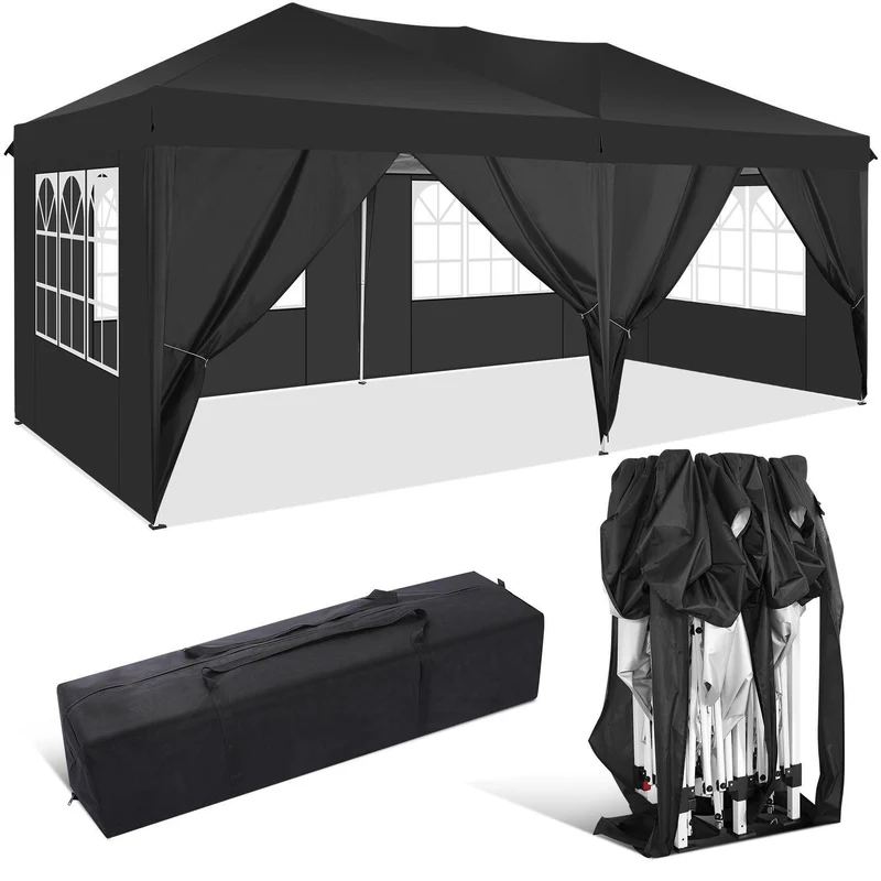 Partytent – Tuinent – Paviljoen – Vouwtent – Tent – Pop-up – 6 Afneembare Zijwanden – 3x6 Meter – Inclusief Draagtas – Eenvoudig Op Te Zetten - Zwart