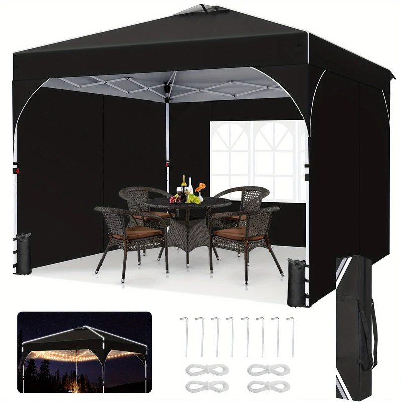 Partytent – Paviljoen – Vouwtent – Easy-Up Tent – Opvouwbare Tent – 3x3 m – One-Button Bediening – Inclusief 4 Zandzakken en 3 Zijwanden - Zwart