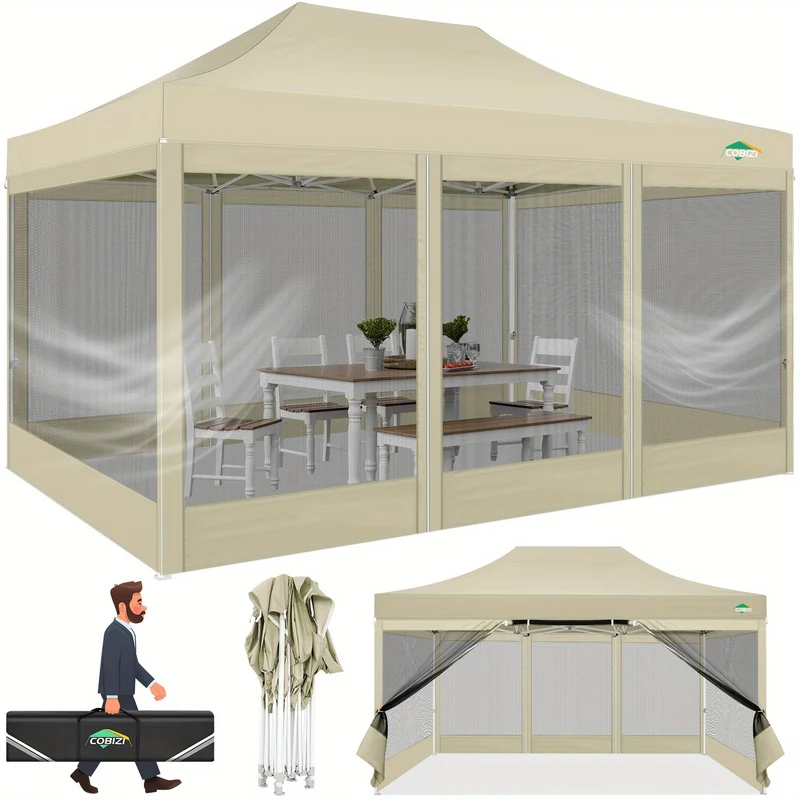 Pop-up Partytent – Inklapbare Tent – Vouwtent – Tuinpaviljoen – Partykap – 3x4,5 Meter – 4 Mesh Zijwanden – Draagband & Eenvoudige Opzet - Khaki