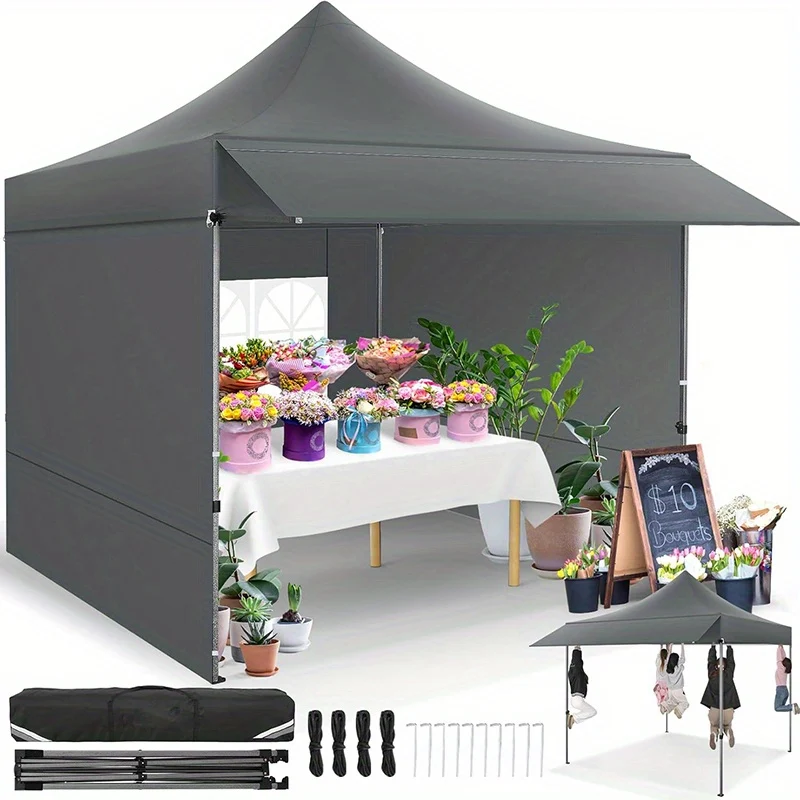 Partytent – Pop-up Tent – Paviljoen – Vouwtent – Easy Up – 3x3 m – Met Uitvalscherm – Verstelbare Hoogte – Afneembare Zijwanden – Grijs