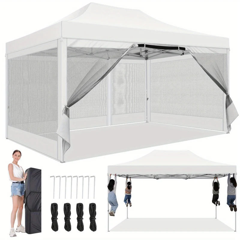 Vouwtent 3x4,5m – Pop-up Tent – Partytent – Overkapping – Kampeertent – Met 4 Muskietennetten – Lichtgewicht Oxford Polyester – Draagbaar Met Draagtas - Wit