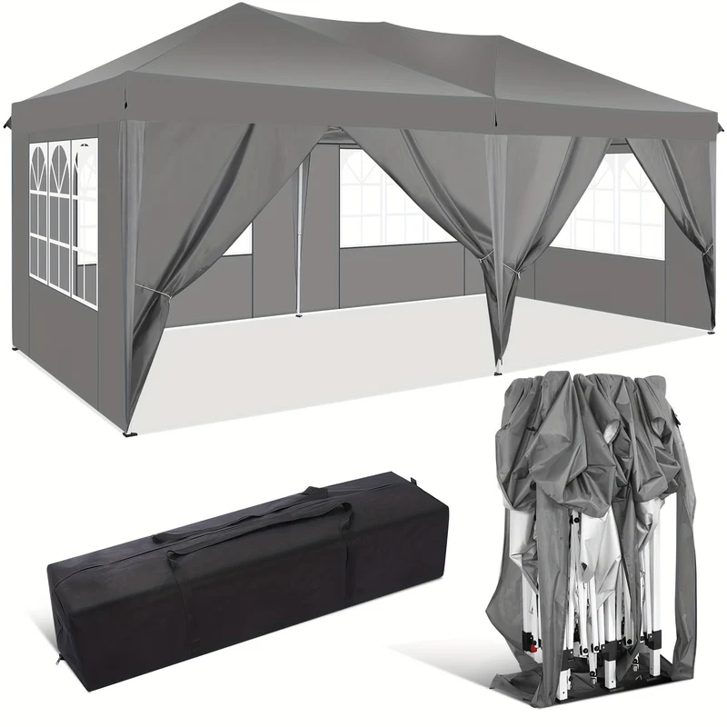 Partytent – Tuinent – Paviljoen – Easy-up Tent – Feesttent – 3x6 Meter – Waterdicht Polyester – 6 Zijwanden Met UV-bescherming - Grijs