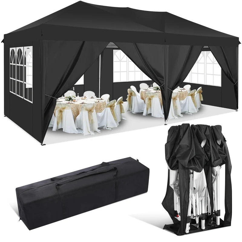 Partytent – Tuinpaviljoen – Paviljoen – Stretchtent – Vouwtent – 3x6 m – Waterdicht Met 6 Zijwanden – UV Bescherming – Stevig Opvouwbaar Frame - Zwart