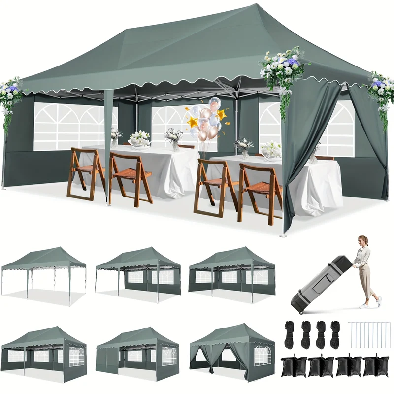 Feesttent – Partytent – Paviljoen – Tuintent – Vouwtent – Grijs – Windscherm Met Zandzakken – Waterdicht 3x6 Meter