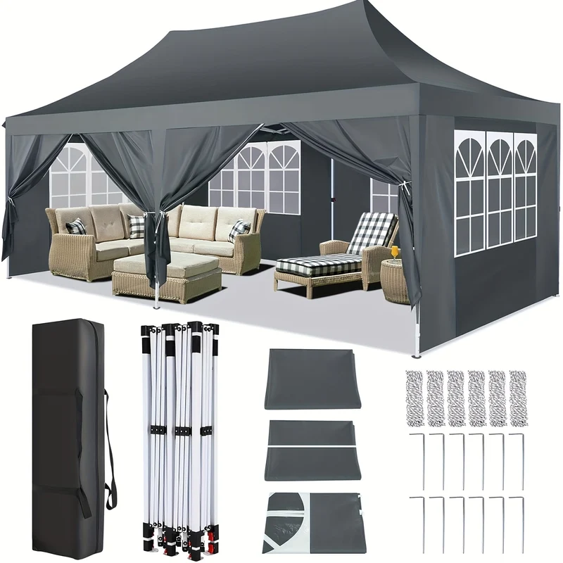 Partytent – Tuinent – Paviljoen – Easy-up Tent – Overkapping – 3x6 Meter – 6 Afneembare Zijwanden – Verhoogd Dakontwerp - Grijs