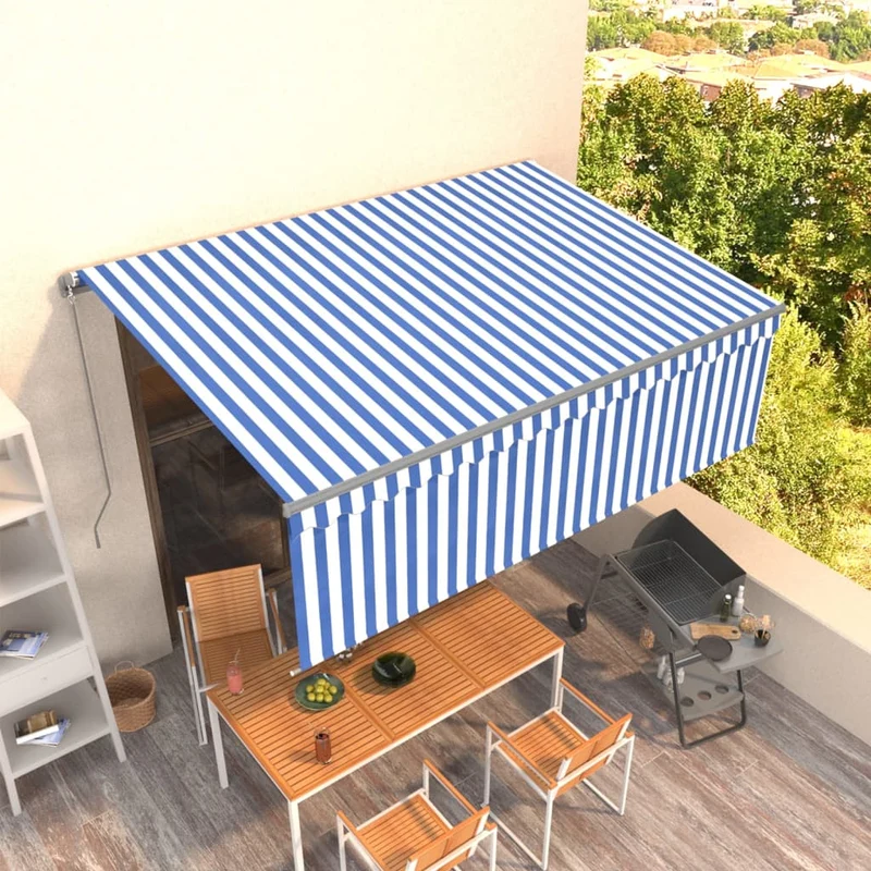 Buitenzonwering – Terraszonwering – Uittrekbare Markies – Zonnescherm – Buitenluifel – Blauw-Wit Gestreept – 4x3 Meter – Verstelbare Hoek en Waterbestendig Polyester