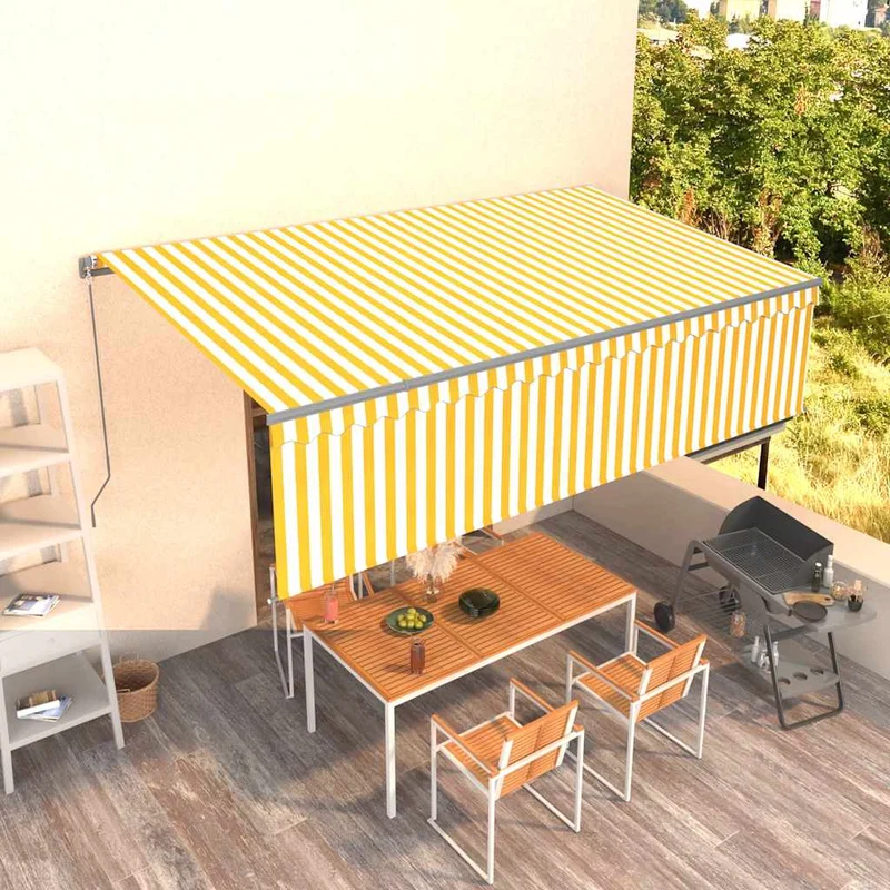 Zonnescherm – Zonwering – Uitschuifbare Luifel – Schaduwdoek – Terrasoverkapping – Geel en Wit – 5x3 Meter – UV- en Waterbestendig Polyester