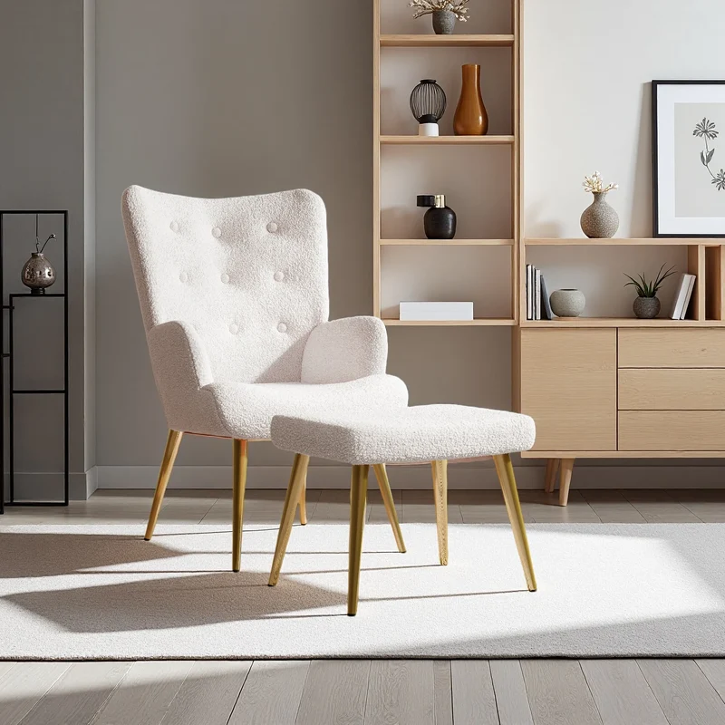 Relaxstoel – Fauteuil – Wing Chair – Leesstoel – Hocker – Teddyvelours Bekleding – Metalen Gouden Poten