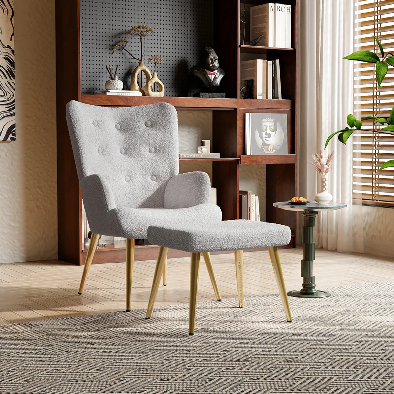 Relaxstoel – Fauteuil – Leesstoel – Zitstoel – Moderne Design – Teddyvelours Bekleding – Inclusief Hocker