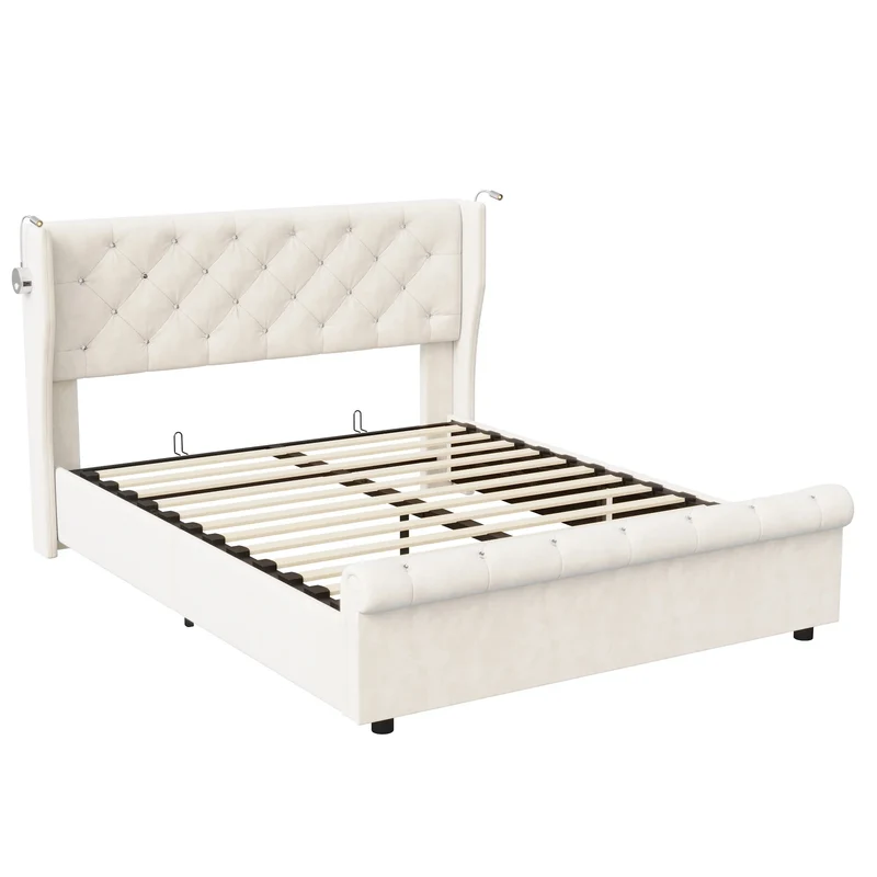 Bedframe – Opbergbed – Slapen Met Opbergruimte – Velvet Bed – Hydraulisch Systeem – USB-Poort – Houten Constructie