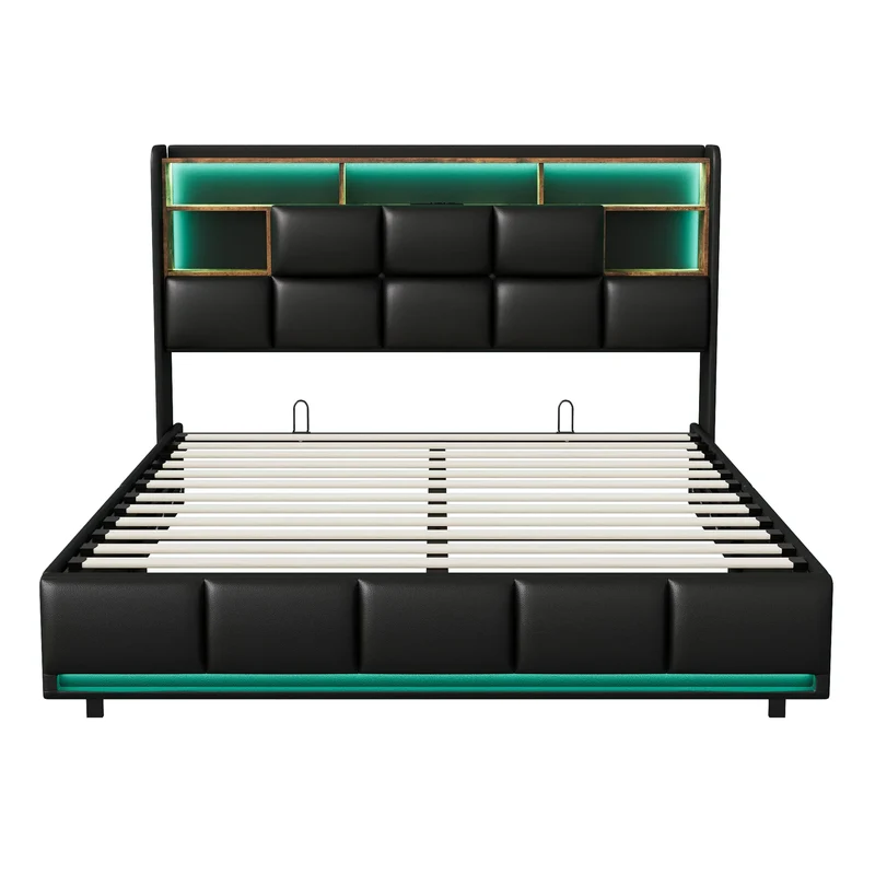 Opbergbed – Hydraulisch Bed – Opbergruimte Bed – LED Bed – USB Bed – Zwart PU Design – Maximale Belastbaarheid 340 Kg