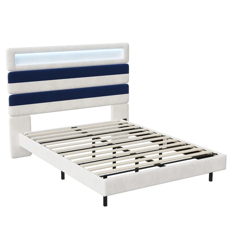 Bedframe – Slaapbed – Tweepersoonsbed – Gestoffeerd Bed – Velours Hoofdbord – Houten Lattenbodem – Modern Minimalistisch Design