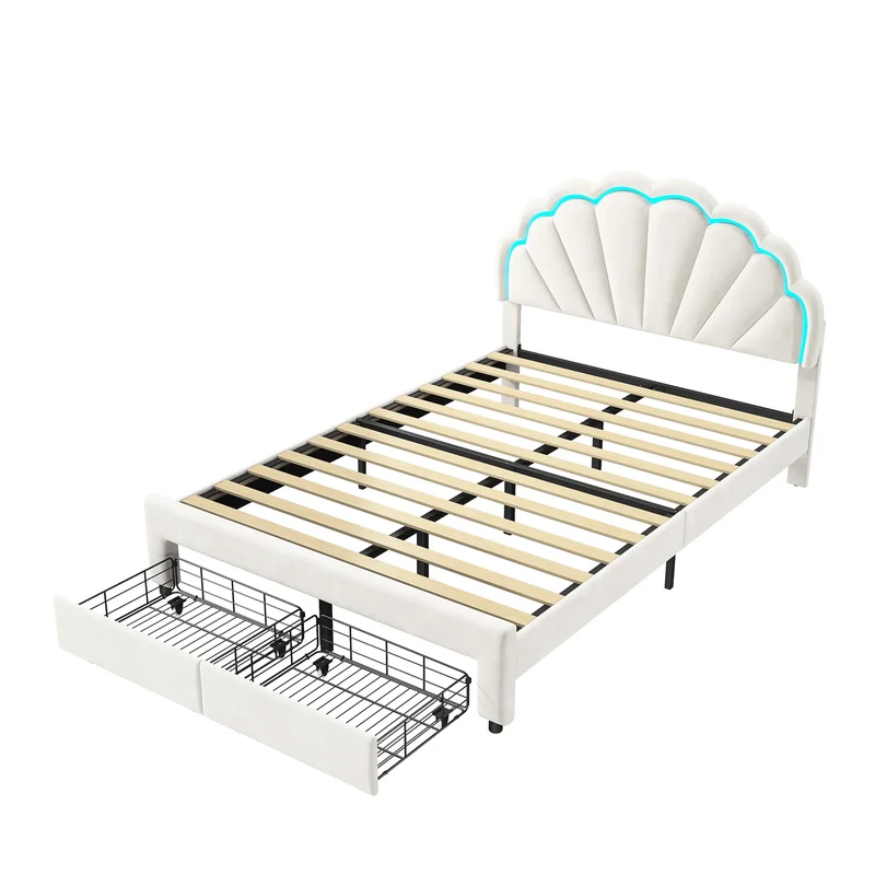 Gestoffeerd Bed – Fluwelen Bed – Scandinavisch Bed – Modern Bed – Bloemvormig Hoofdeinde – 12 Verstevigde Latten