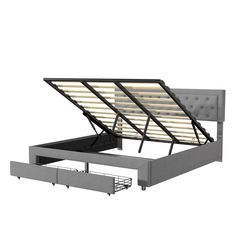 Opbergbed – Gestoffeerd Bed – Tweepersoonsbed – Opberglades – Verstelbare Hoofdsteun – Velvet Bekleding – Metalen Poten