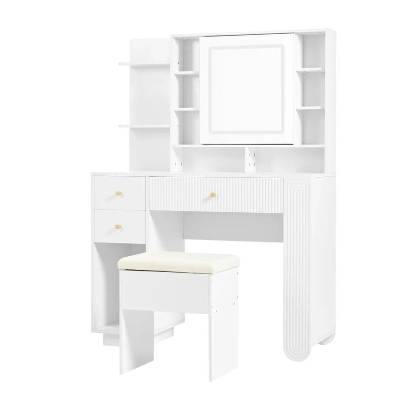 Kaptafel – Make-Uptafel – Cosmeticatafel – Make-Up Meubel – Witte Houtlook – 3-Kleurige Led-Verlichting – Inclusief Kruk