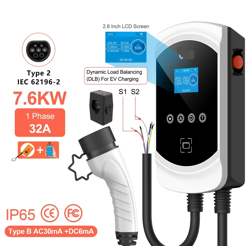 Slimme Oplaadstation – Elektrische Laadpaal – EV Charger – Laadpunt – 7.6KW - 32A - 1 phase - Type 2 – IP65 Waterbestendig
