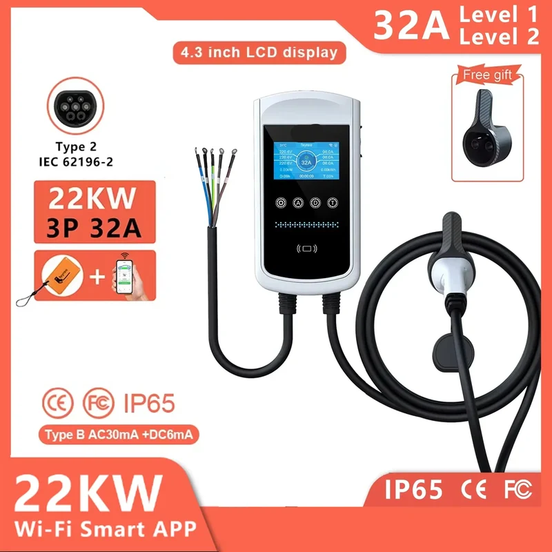 Laadpaal – Slimme Laadstation – Oplaadpunt – Elektrische Auto – 22 kW Vermogen – IP65 Waterdicht – 4,3 Inch Touchscreen - 32A - 3 phase - Type 2