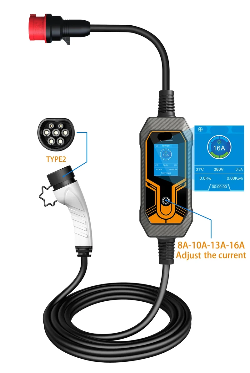 Ev Laadkabel – Mobiele Oplader – Draagbare Lader – Type 2 – Cee Stopcontact – Ip65 Waterdicht – Lcd Display - 11kW - 5M - NO Adaptor