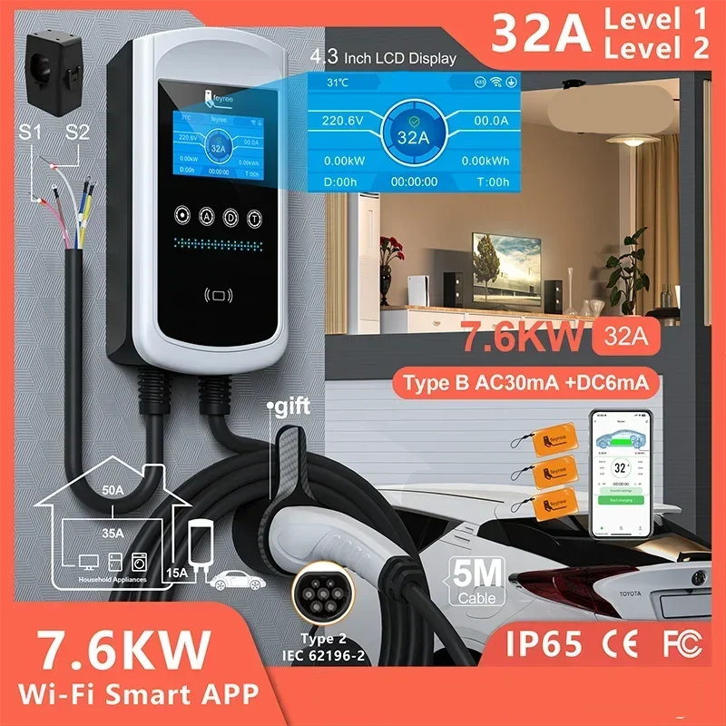 EV Laadpaal – Oplaadstation – Elektrische Auto Lader – Slimme Laadpaal – Dynamische Load Balancing – 7.6KW - 32A - 1 phase - Type 2 – IP65 Waterdicht