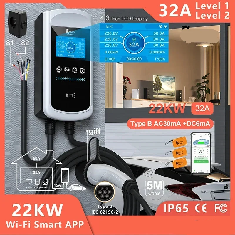 Laadpaal – Wallbox – Thuislader – EV Oplader – Slim Laden – IP65 Waterdicht – 22KW - 32A - 3 phase - Type 2