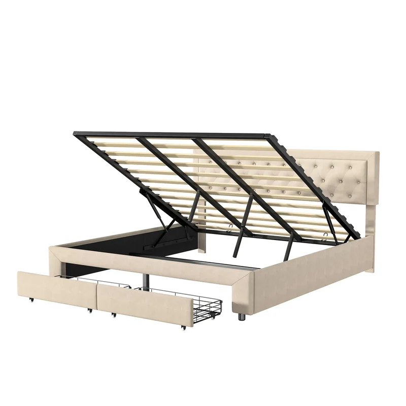 Bed – Slaapbed – Bedframe – Boxspring – Hoofdsteun Verstelbaar – Velvet Bekleding – Opberglades