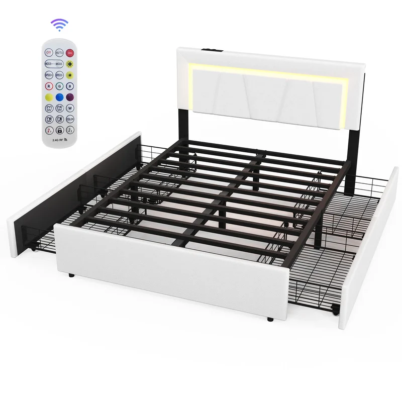 Bed – Bedframe – Boxspring – Tweepersoonsbed – Opbergbed – Met LED-verlichting – Inclusief USB- en Type-C-aansluitingen - 140x200cm - Wit