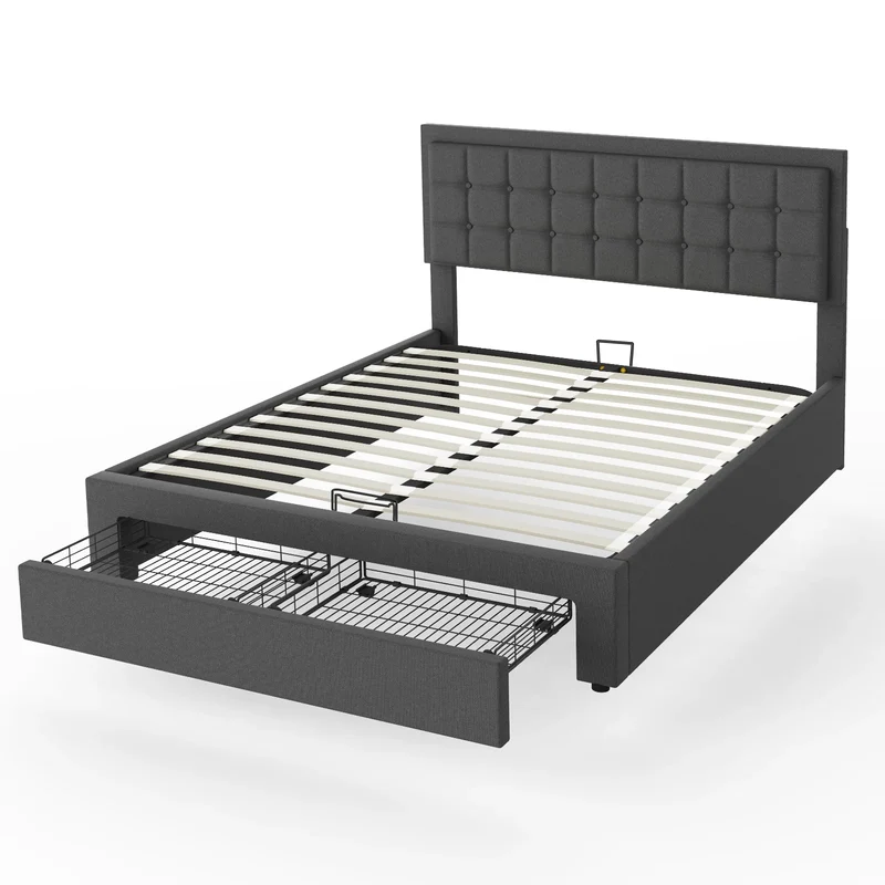 Opfouwbed met Opbergruimte – Vouwbed – Opklapbed – Logeerbed – Opbergbed – Stijlvol Grijs Stof Hoofdbord – Hydraulische Opbergruimte – 160x200 cm - Donkergrijs