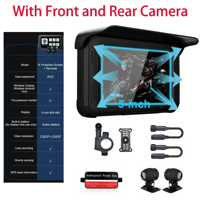5 Inch Motorcycle GPS Navigation Wireless Carplay Android Auto Player Tire Pressure Detector Dual Cameras Recorder GPS Tracking