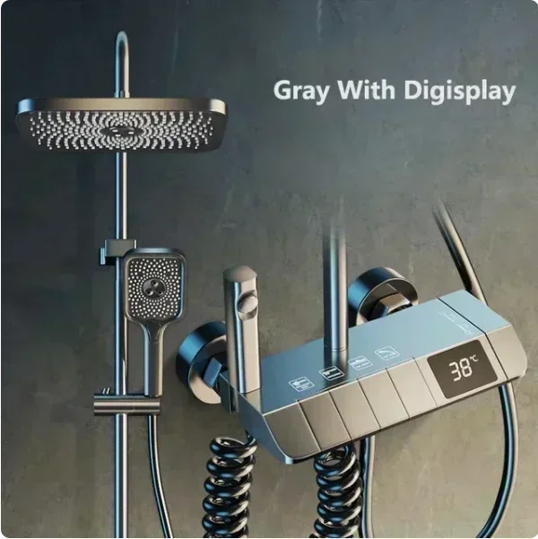 Bathroom Shower Faucet Set 4 Functions Digital Display Shower Thermostat Hot Cold Showers Mixer Pressure Discharge Copper Taps