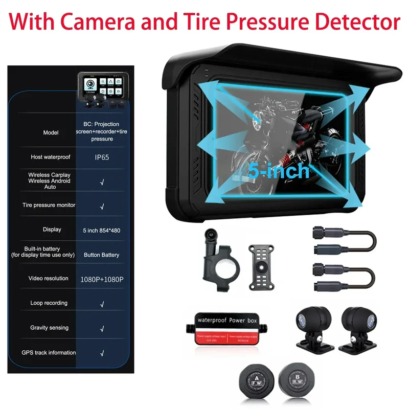 5 Inch Motorcycle GPS Navigation Wireless Carplay Android Auto Player Tire Pressure Detector Dual Cameras Recorder GPS Tracking