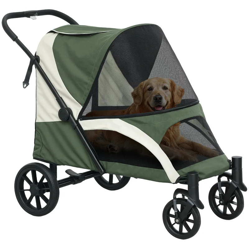 Hondenbuggy – Hondenwagen – Huisdierenbuggy – Opvouwbare Wandelwagen – Transportwagen – Geschikt Tot 30 kg – Ruime Binnenmaat 93x52 cm - Groen