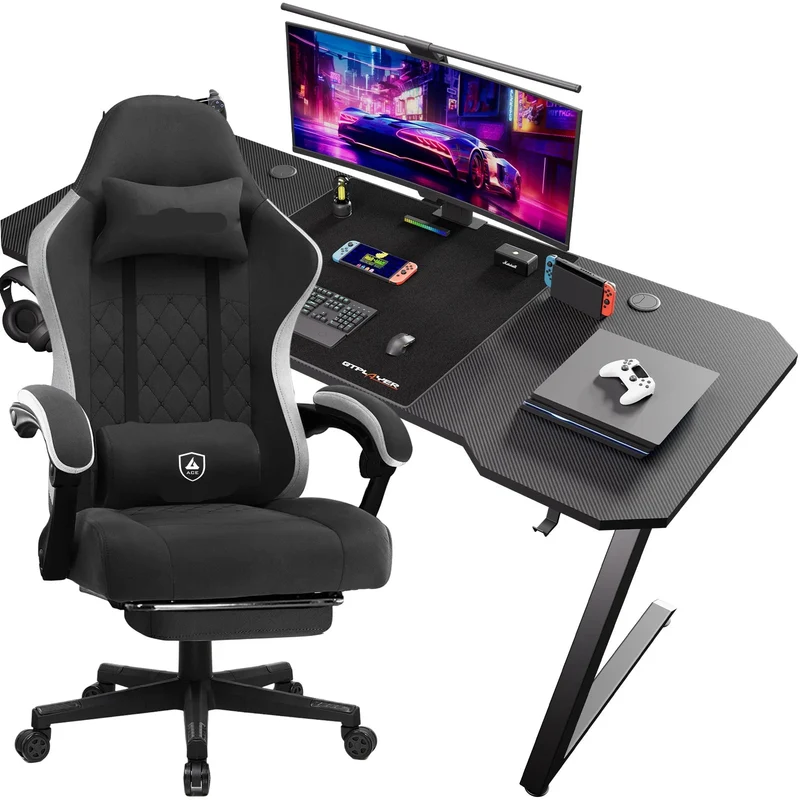 Gaming set – Bureau en stoel – Gamebureau – Werkplek – Gamestoel – Verstelbare stoel – Ergonomisch ontwerp – Metalen frame en krasbestendig tafelblad