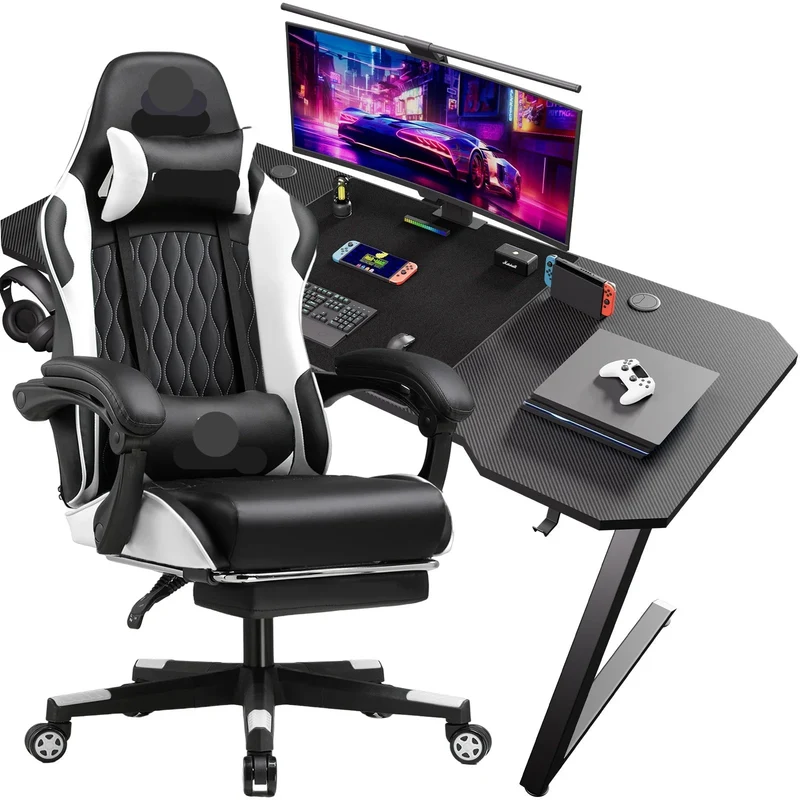 Gamingbureau – Gamebureau – Gaming Desk – Computerbureau – Gaming Tafel – Ergonomisch Design – Lederlook Met Carbonfiber