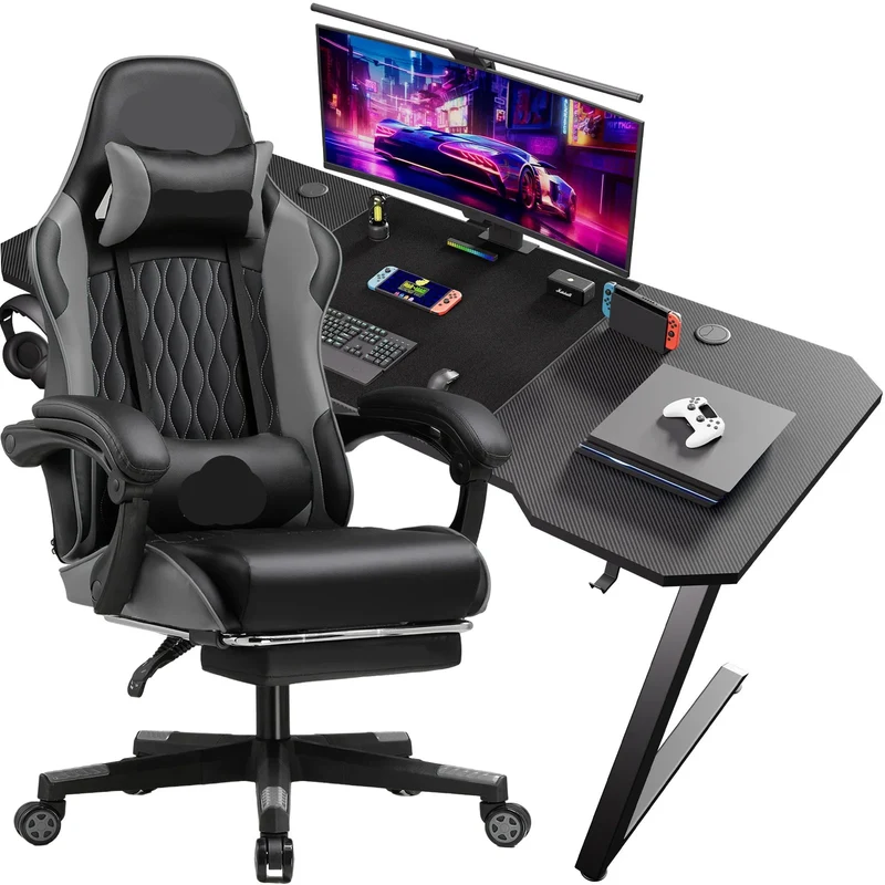Gamingbureau – Gametafel – Bureau Met Stoel – Computerbureau – Bureaustoel Set – Ergonomisch Design – Lederlook Met Carbonfiber
