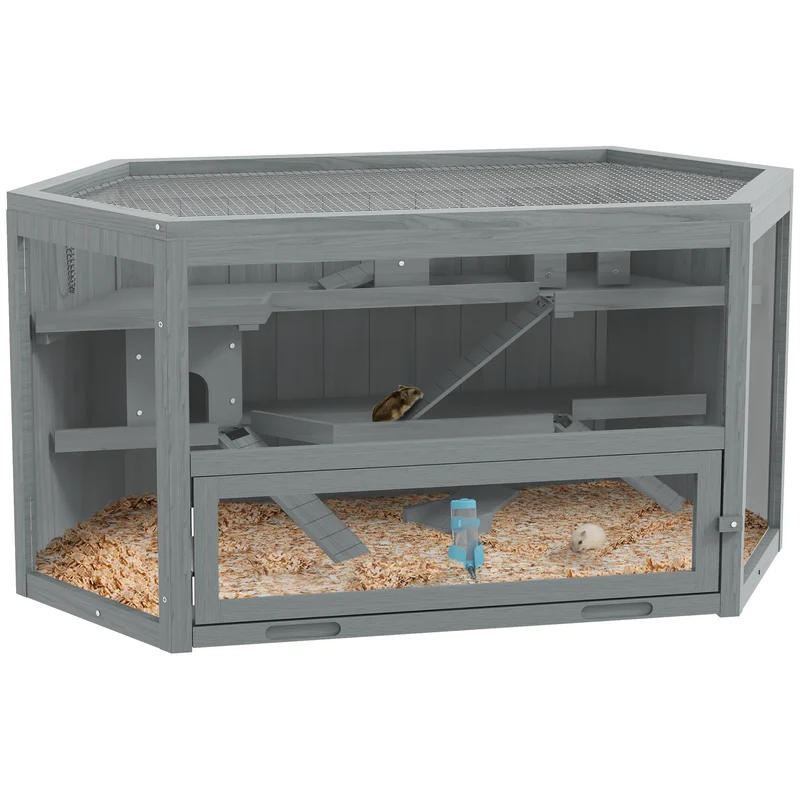 Hamsterkooi – Knaagdierenkooi – Dierenkooi – Houten Kooi – Kleine Huisdierenkooi – 3 Niveaus Met Trap – Duurzaam Acaciahout Met Plexiglas