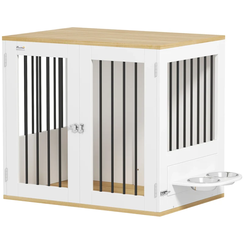 2-in-1 Hondenhok – Bench Met Zijtafel - Hondenbench – Hondenkooi – Hondenhuis – Dierenverblijf – Melamine Hout En Staal - 80 x 55 x 71,5 cm - Wit