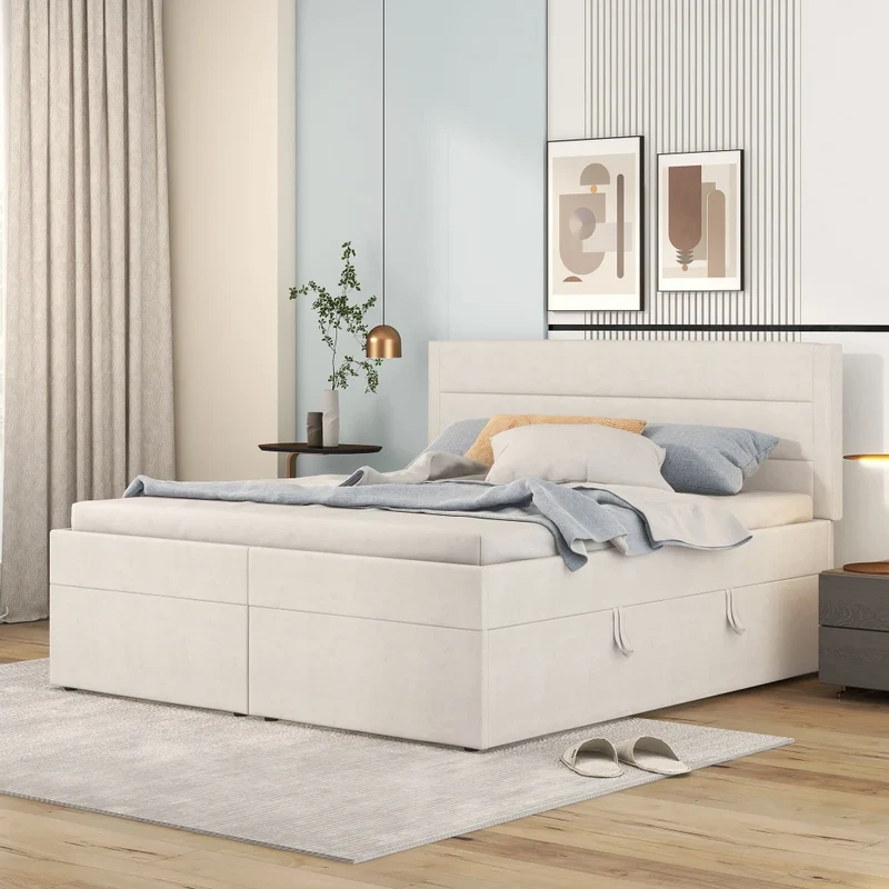 Tweepersoonsbed – Bed – Slaapbank – Boxspring – Opbergbed – Linnen Bekleding – Ruime Opbergruimte 140x200 cm