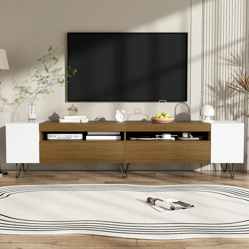 Tv Meubel – TV-Kast – Televisiemeubel – Media Meubel – Entertainmentkast – 180 cm Breed – MDF En Spaanplaat Zwart Met Houtdetail