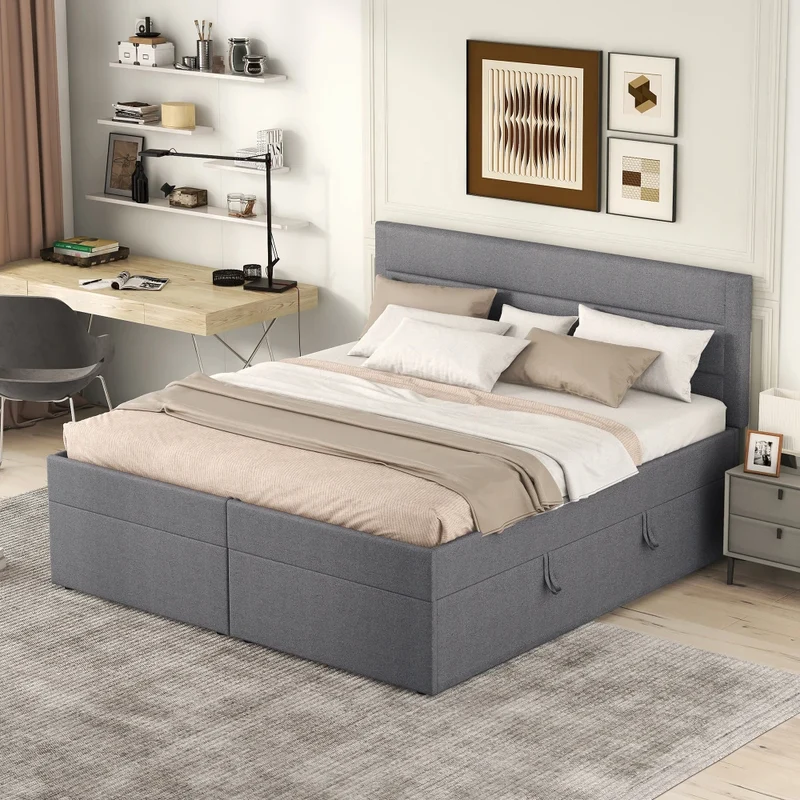 Bedbank – Tweepersoonsbed – Slaapbank – Logeerbed – Bedframe – Ruime Opbergruimte – Massief Hout & Linnen – 140x200 cm