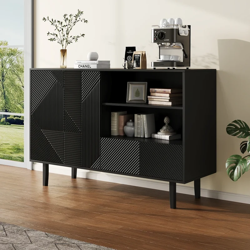 Sideboard – Opbergkast – Dressoir – Kast – Buffetkast – Mat Zwart – Verstelbare Planken – Draagvermogen 80 kg