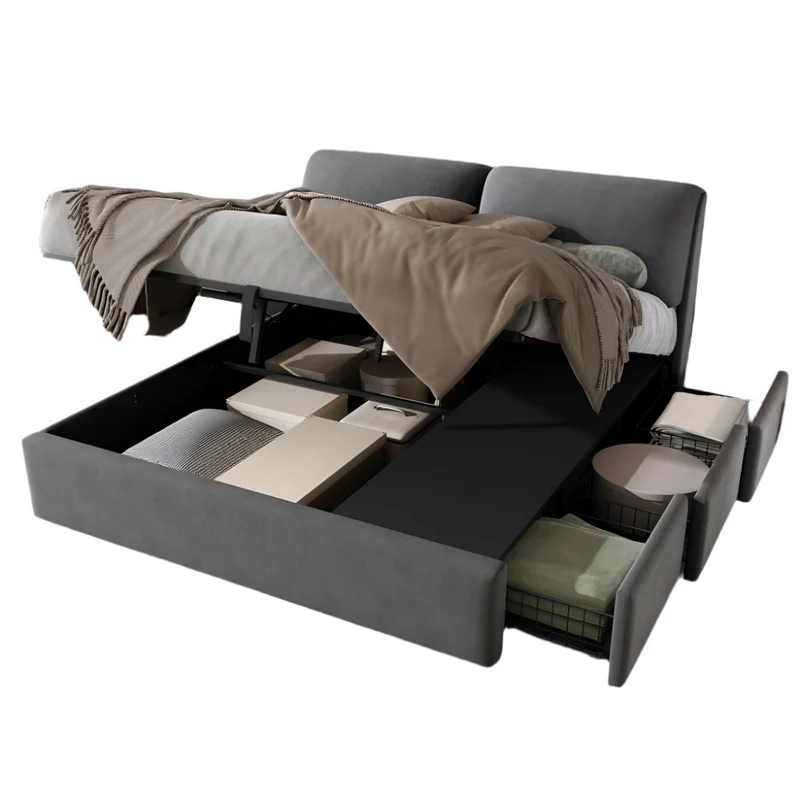 Velours Bed – Slaapbed – Opbergbed – Eenpersoonsbed – Houten Bedframe – Hydraulisch Opbergvak – 160x200 cm – Grijs