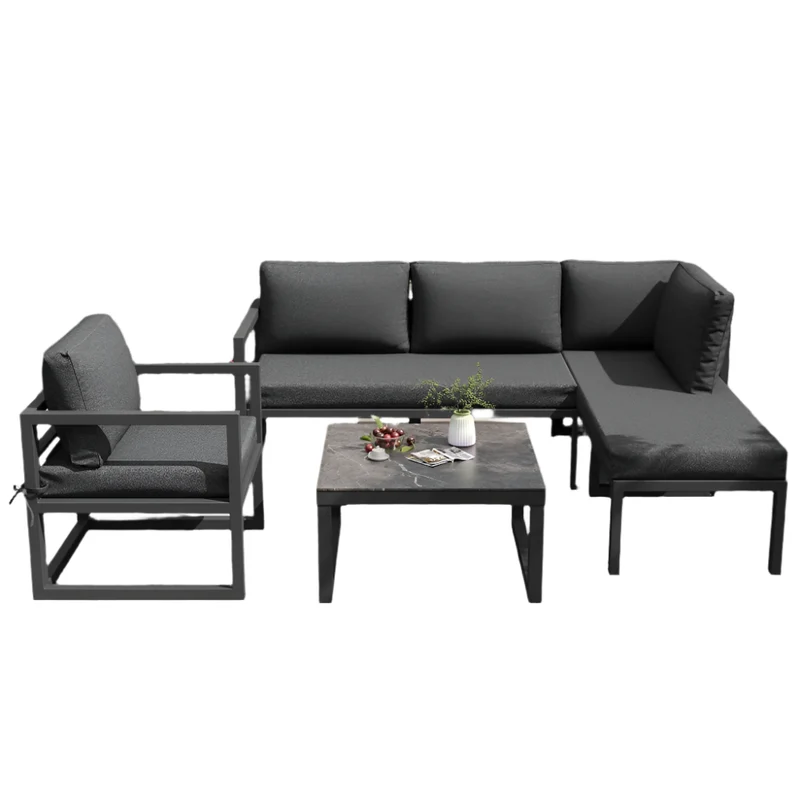 Loungebank – Tuinbank – Loungeset – 4-Persoons Tuinset – Buitenmeubel – Verstelbare Poten – Gehard Glas Met Marmerlook