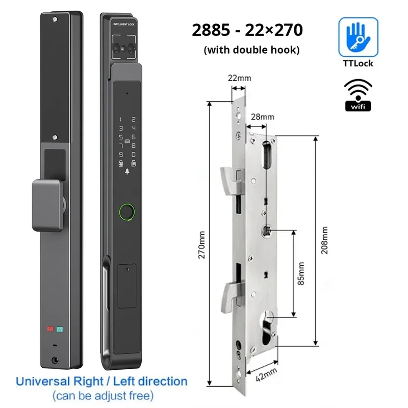 Deurslot – Slim Deurslot – Elektronisch Slot – Smart Lock – Vingerafdrukslot – 11 Ontgrendelmethoden – Weerbestendig Aluminium - 2885 - 22X270 - met Glijden