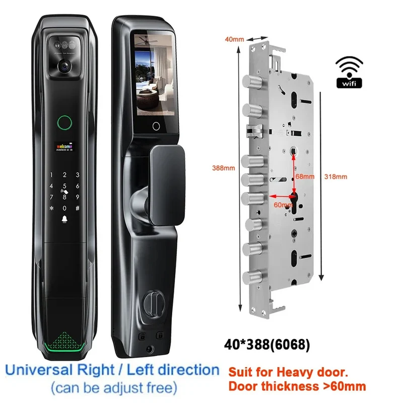 Smart Deurslot – Slimme Deurslot – Elektronisch Slot – Toegangscontrole – Video Deurbel – Gezichtsherkenning – Aluminium Behuizing – Rechargeable Batterij 4200 mAh - 40x388 - 6068 Insteekslot