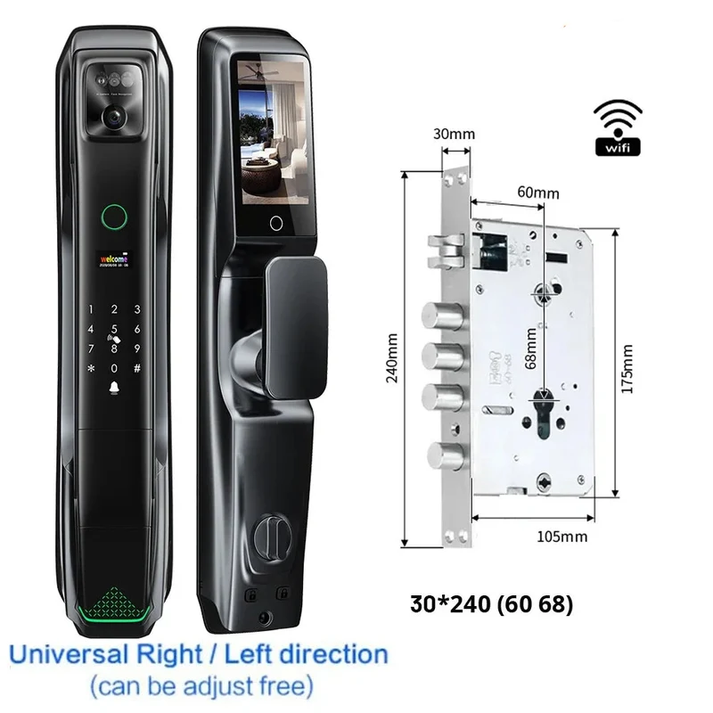 Smart Deurslot – Slimme Deurslot – Elektronisch Slot – Biometrisch Slot – Digitale Deurslot – Gezichtsherkenning – Video Deurbel – Aluminium Behuizing – 4200mAh Oplaadbare Batterij - 30x240 - 6068 Insteekslot