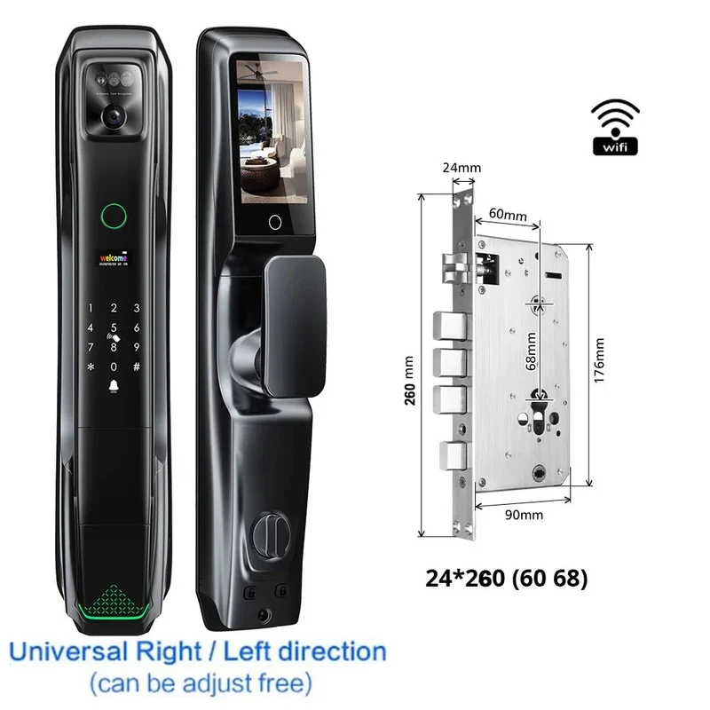 Smart Deurslot – Elektronisch Slot – Digitale Deurslot – Slimme Deurslot – Gezichtsherkenning Slot – Video Deurbel – Veelzijdige Ontgrendelmethodes – Robuuste Aluminium Behuizing - 24x260 - 6068 Insteekslot