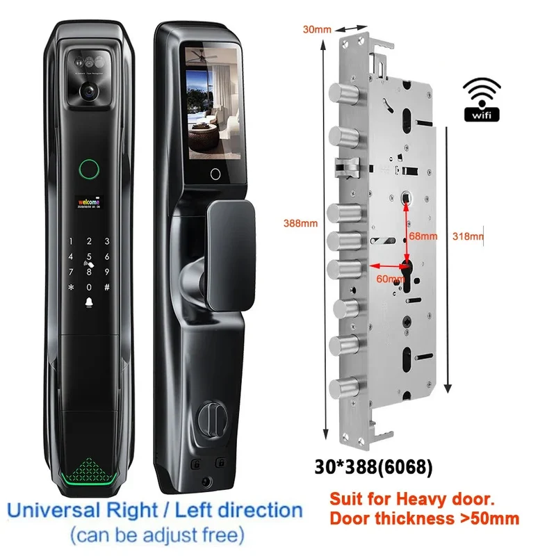 Smart Deurslot – Slim Slot – Elektronisch Deurslot – Veiligheidsslot – Toegangscontrole – Gezichtsherkenning – Video Deurbel – Aluminium Behuizing - 30x388 - 6068 Insteekslot